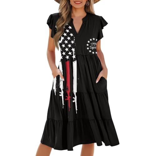 Image of Women's Casual Ruffle Sleeve Dress V Neck Pullover Dress Flowy A-Line Pleated Lightweight Dress with Pockets