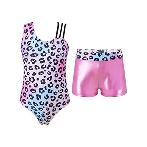 dPois Kids Girl Leopard Pattern Bodysuit Asymmetric Shoulder Two Piece Yoga Dance Sport Suit Pink Leopard 9-10 Years Cover