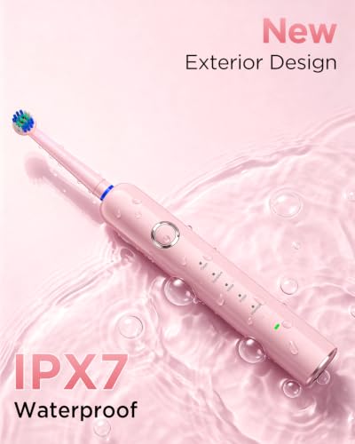 Image of Rtauys Rotating Electric Toothbrush for Adults with 8 Brush Heads (2 Types), 5 Modes Rechargeable Power Toothbrush with Travel Case and 2 Minute Smrte Timer (Pink)