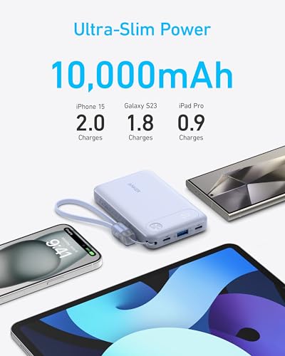 Image of Anker Power Bank, 10,000mAh Portable Charger with Built-in USB-C Cable and Lanyard, 22.5W Max Output with 2 USB-C and 1 USB-A Port, Battery Pack for iPhone 15 /14, Galaxy S23, iPad, AirPods, and More