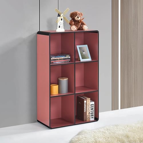 KB Designs Open Bookcase with 6 Shelves | Space-Saving, Durable Storage for Living Room, Bedroom, Home Office, or Library | Lightweight, Modern Brick Red Finish with Black Edge Corners