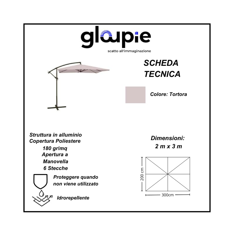 Ombrellone Crilly Reclinabile a Braccio, Rettangolare 2x3 Metri,Ecru, Struttura in Acciaio, Copertura da 160 Gr/M²