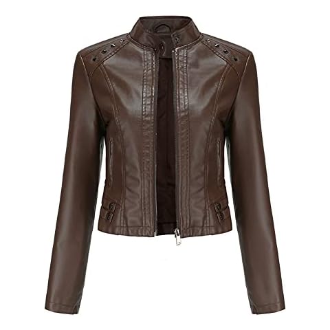 YYNUDA Women's Stylish Faux Leather Jacket With Rivets Zip Up Motorcycle Short PU Moto Biker Outwear Fitted Slim Coat Coffee M Cover
