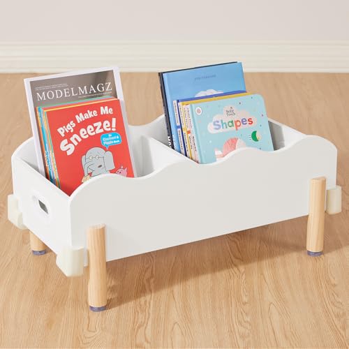 HouseJoy Wooden Bookself for Kid, White Kids Bookshelf and Toy Storage, Toddler Bookshelf for with 2 Adjustable Divider, Baby Bookcase for Children's Room Classroom Nursery