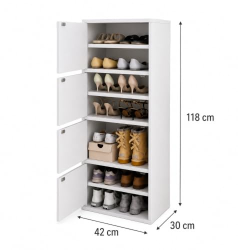 Image of EXVITO Modern Tall Shoe Cabinet, Wooden Flip Door Shoe Storage Cabinet, 4-Door Narrow Entryway Shoe Organizer with Multi-Tier Shelves, Space Saving Shoe Rack for Hallway, Apartment & Home - White