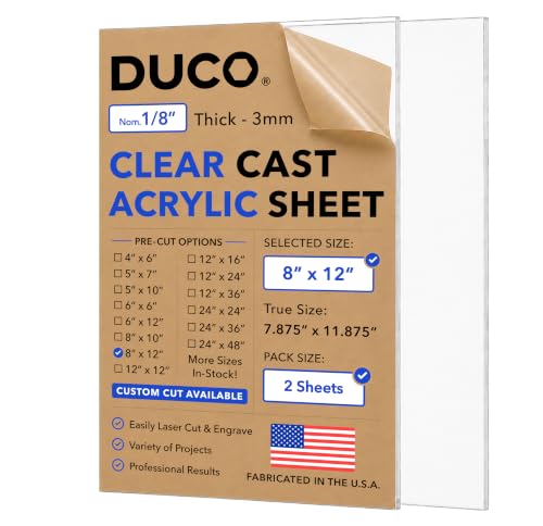 Duco 1/8" Clear Cast Acrylic Sheets, 8"x12" Plexiglass Sheets, 2 Pack