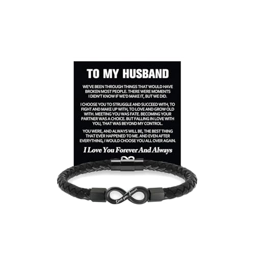 To My Man Infinity Bracelet Stainless Steel Engraved Love You Forever Black Braided Leather Promise Wristband Bracelets With Encouragement Message Card Anniversary Birthday Jewelry Gift (Infinite Husband)