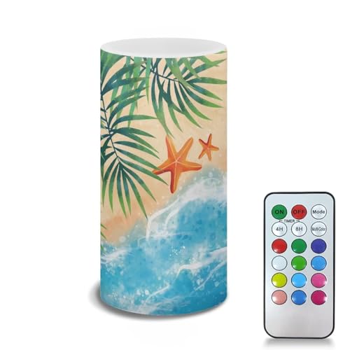 Image of Poceacles Beach Starfish Palm Tree Flickering Flameless LED Battery Candles Pillar Candles Tealight with 18-Key Timer Remote with Colorful Light Safe for Indoor Outdoor Home Coastal Decoration