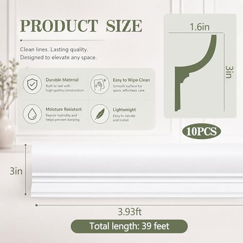 Image of moonoom 10 Pack 39 Ft Ceiling Crown Molding Trim, High Impact Ceiling Decorative Moulding, Room Top Light Strip Crown Molding for Ambient Home Bedroom Living Room Lighting (Style C)