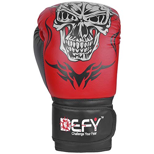 Defy Sports Boxing Gloves For Men And Women - Premium Quality Faux Leather Kick Boxing Gloves – Gel Infused Kickboxing Gloves With Thumb Support - Versatile Usage – Skull Model Design (Red, 10 Oz) #TOP2
