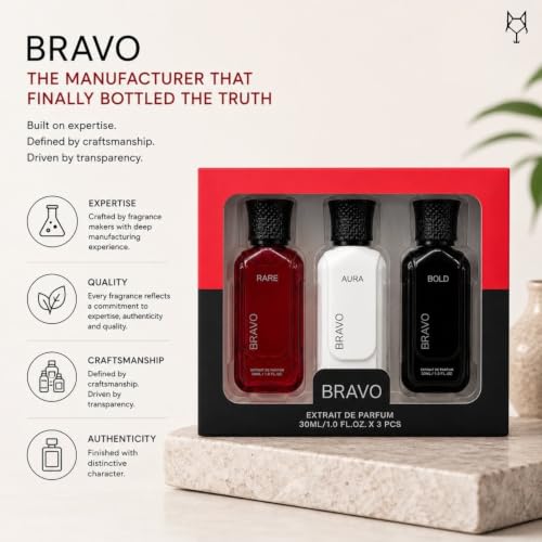 Image of Bravo Premium Extrait De Parfum Luxury Combo Set (3 x 30ml) - Bold (Cognac & Toffee), Aura (Fresh Aquatic Citrus), Rare (Caramel & Vetiver) | Long Lasting Intense Fragrance Gift Pack for Men & Women