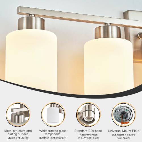 Image of FonmYim Brushed Nickel Bathroom Light Fixtures, 6-Light Modern Vanity Light Over Mirror, Wall Sconces with Milky White Frosted Glass Shades, E26 Socket (Bulbs Not Included)