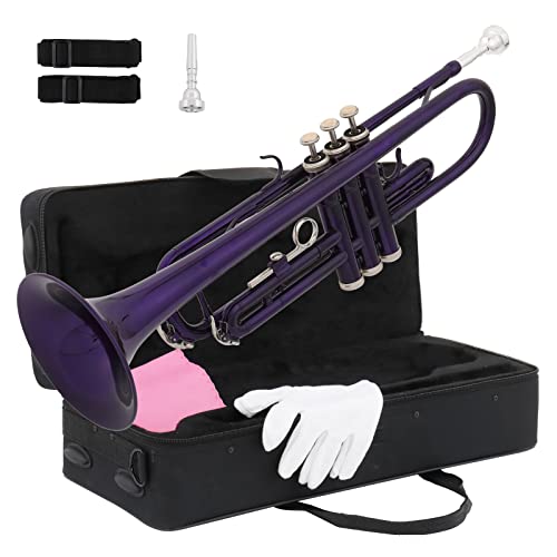 Ktaxon Bb Standard Trumpet for Beginners,Trumpet for Student with Hard Case,7C Mouthpiece,Cleaning Cloth,Gloves,Brass Instruments for Kids and Adults(Purple)