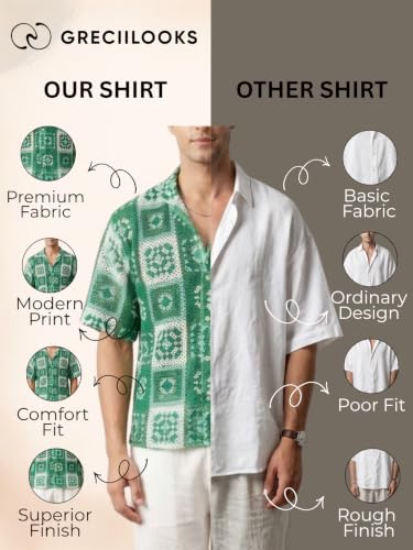 Image of GRECIILOOKS Men`s Shirt | Mens Casual Crochet Knitted | Half Sleeve Printed Crochet with Cuban Collar Shirt`s | Relaxed fit Textured & Stylish Premium Mens Shirt