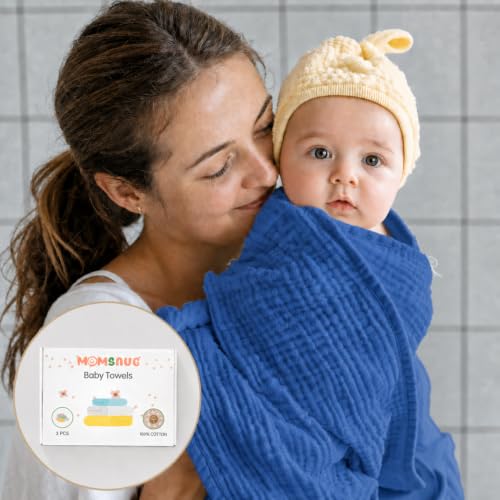 Image of 3-Pack Muslin Hooded Baby Towels, Green + Grey + Dark Blue, 35 inch X 35'' | 100% Cotton, Ultra-Soft & Highly Absorbent ,Quick-Dry for Delicate Skin, For Babies, Toddler and Newborn
