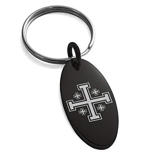 Stainless Steel Jerusalem Cross Symbol Small Oval Charm Keychain Keyring