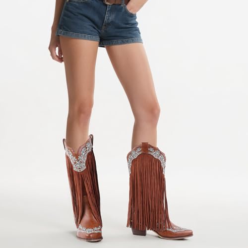 FancyQueen Fringe Cowboy Boots for Women, Mid Calf Embroidered Cowgirl Boots with Studded Chunky Pointed Toe Western Booties for Country Music Festivals2