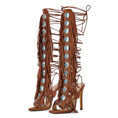 onlymakerheels Gladiator Heels Tassels Open Toe Boots Fringe Lace up Strappy High Heels Sandals Brown Size12