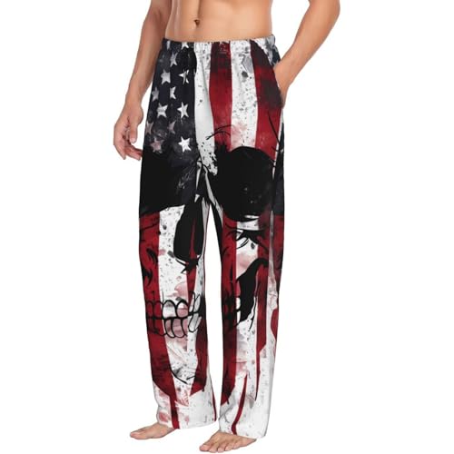 Mens Pajama Pants Bottoms With Pockets- American Flag Skull Art Soft Men Lounge Pants, Comfy Mens Pj Pants
