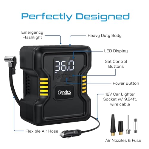 Image of Ceptics Portable 150PSI Tyre Inflator for Car Compressor Air Pump - Metal Cylinder Fast Inflation Pump 12V DC with LED Light for Cars, Bicycles, Black