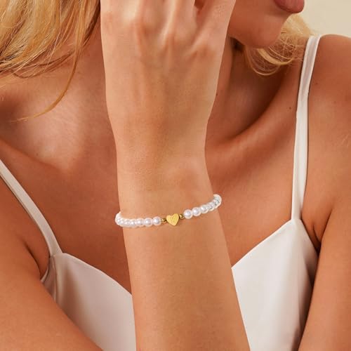 BAYLAY Pearl Initial Bracelet for Women - 18K Gold Plated Heart Letter A-Z Initial Bracelet for Teen Girls Pearl Bracelets for Women Dainty Gold Bracelet Flower Girl Gifts Bridesmaid Proposal Gifts3
