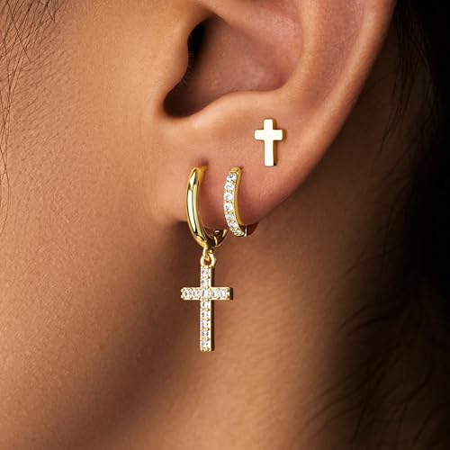 Gelbesty 3 Pairs Gold Dangle Earrings Set for Women Dainty Seashell Starfish Cross Stud Hoop Earrings for Multiple Piercing Cartilage 14K Plated Womens Summer Jewelry Gifts4
