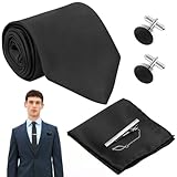 ZOCONE Herren Krawatten Set Schwarze Elegant Krawatte Herren Seide Krawatte mit Einstecktuch Krawattennadel Manschettenknöpfe Einfarbig Satin Krawatte 8cm Schlips Herren für Hochzeit Partei Beerdigung
