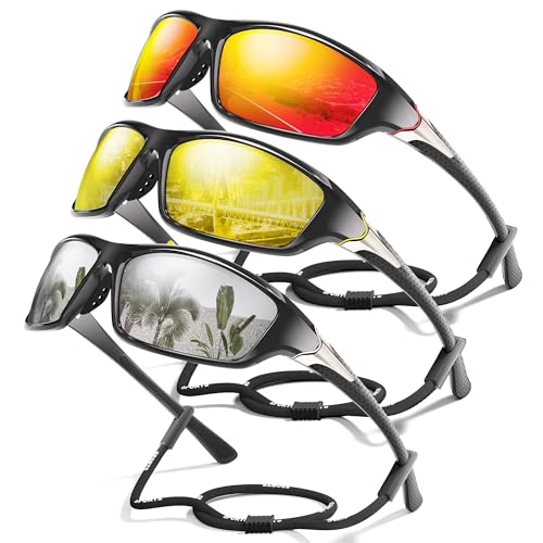 3 Pack Polarized Sports Sunglasses for Men, Mens Sunglasses Wrap Around UV Protection for Cycling Fishing Driving E04-red/Yellow/White