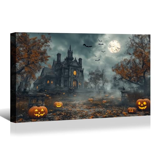 BANHUA1 Vintage Halloween Canvas Wall Art, Spooky Lighted Pumpkin Pictures
