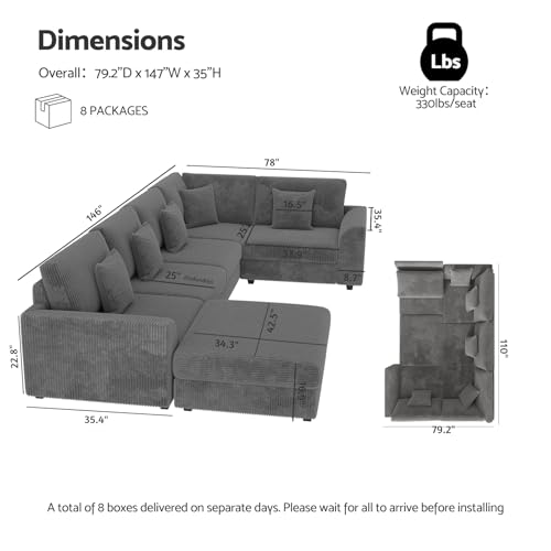 Oversized Modular Sectional Sofa with Storage, Modern Sleeper Sofa, Extra Deep Seat Comfy Corduroy Cloud Couch with Ottoman and 5 Pillows for Living Room (U Shape Sectional with Storage, Grey) — view 2