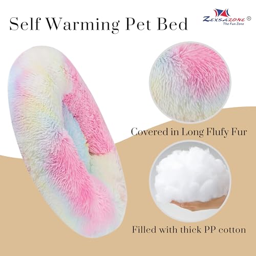 Image of ZEXSAZONE Summer Small Cat Bed Donut Shape for Kittens & Small Dogs | Soft Plush Washable Puppy Bed |Raised Sides for Head & Neck Support | Reversible 2-in-1 Pet Cushion Rainbow