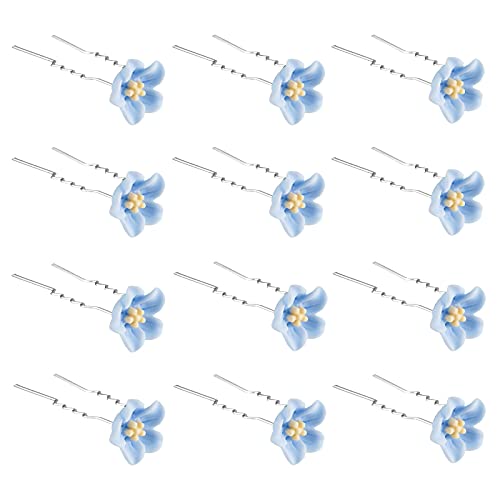 QIUTIMIY 12 Pack(Blue) Lily Flower Hair Pins for Bridal Wedding Women Hair Jewelry Accessories, with Clear Container