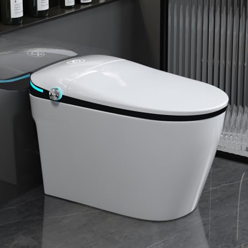 Sanitario inteligente con bidé, apertura automática, sensor de pie, lavado con agua tibia, asiento calefaccionado, secador de aire tibio, pantalla LED, luz nocturna, blanco miniatura 1