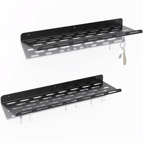 Kerisgo Floating Shelves for Wall Wall Mounted Floating Book Shelf Set of 2,16.93'' Metal Wall Shelves with 4 Magnetic Hooks,Floating Shelf for Bedroom Decor,Kitchen,Bathroom,Living Room(Black)