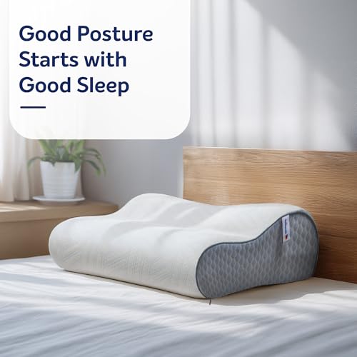 Image of Sleepwell ImpressFit Ortho Adaptive Memory Foam Pillow | White & Blue |100% Pure Memory Foam | Dual Height for Neck & Head Support | Medium Soft Bed Pillow | Back Sleepers | 24x16 inches | Pack of 1