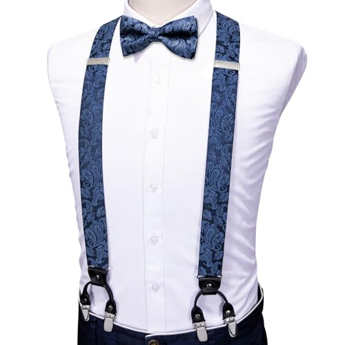 Image of YOHOWA Men Suspenders 6 Clips Strength Adjustable Y Braces Pre-Tied Bow Tie Set Formal Wedding Party