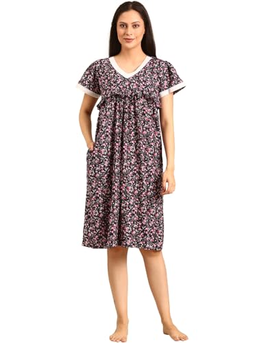 Image of Rupa Jon Aishwarya Women Short Printed Nighty in Premium Cotton Blend Fabric, Midi Length, Night Dress, Three-Fourth Length for Comfortable Everyday Wear