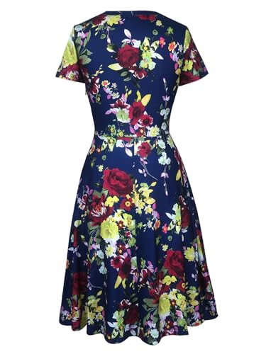 Image of oxiuly Women Casual Dress Round Neck Soft Cotton Floral A-Line Midi Summer Dresses with Pockets OX262