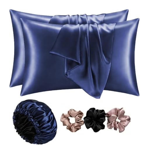 Image of Go Well Satin Bonnet for Curly Hair with Free Silk Pillow Covers and Scrunchies | Silk Bonnet for Hair | Combo of Pack of 2 Satin Pillowcases with 3 Silk Scrunchies Adjustable HairCap (Nevy Blue)