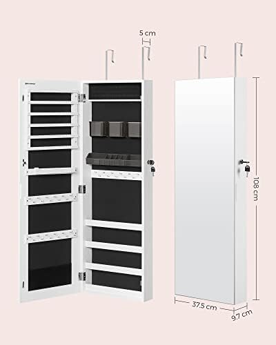 SONGMICS Jewellery Cabinet Armoire, Lockable Wall-Mounted Storage Organiser Unit with 2 Plastic Cosmetic Storage Trays, Full-Length Frameless Mirror, for Necklace Earring, White JJC001W01