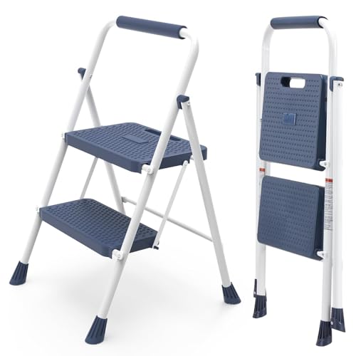Sweetcrispy 2 Step Ladder, 800lbs Folding Step Stool with Wide Anti-Slip Pedal, Sturdy Ladder, Convenient Handrail, Lightweight, Portable Step Stool Blue
