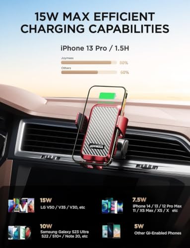Image of JOYMASS Wireless Car Charger, 15W Fast Charging Auto Clamping Car Charger Cell Phone Holder Mount Vent for iPhone 15 14 13 12 Mini Pro Max 11 XR, Samsung Galaxy S23 Ultra S22 S21+ Note 20, etc - Red