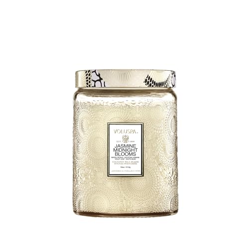 Image of Voluspa Jasmine Midnight Blooms Large Scented Candle Jar 18 Oz, 100 Hr Burn | Coconut Wax Blend in Decorative Glass, Clean Even Burn, USA Handcrafted Gift for Hosts, Fragrance Lovers & Relaxed Rooms