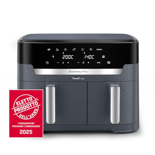 Moulinex Dual Easy Fry XXL, Friggitrice ad Aria 11 Litri, Doppio Cestello Antiaderente Lavabile in Lavastoviglie, Basso Consumo Energetico, 7 Modalità, App Ricette, Colore Java Pepper, EZ942B - immagine 3