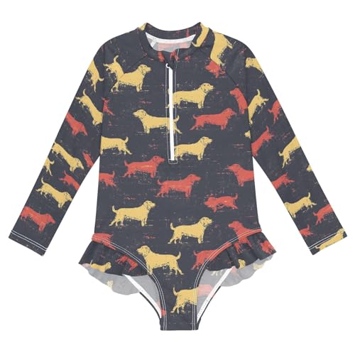 ALAZA Retro Puppy Dog Vintage Girls One Piece Swimsuit Long Sleeve Rash Guard Swimsuits UV 50+ Swimwear Zipper
