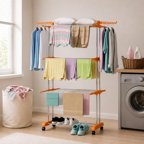 Image of HOUZA Stainless Steel Clothes Drying Stand | 3 Layer Foldable Cloth Dryer Stand with Wheels | 6 Foldable Wings - Orange
