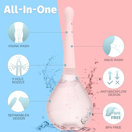Image of Enema Douche for Men & Women - Anti Back-Flow Anal Bulb with 5-Opening Spray Tip, 150ml Portable Kit for Personal Intimate Hygiene (Pink)