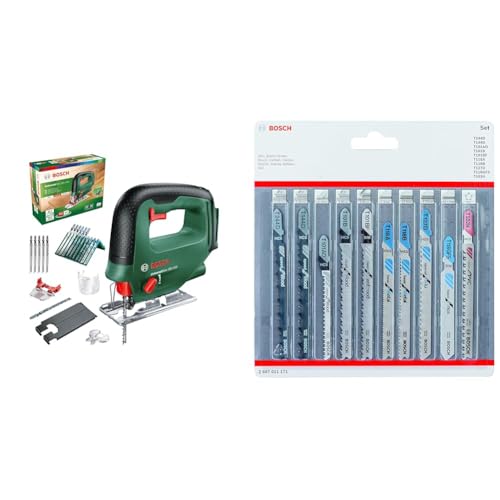 Bosch Akku Stichsäge UniversalSaw 18V-100 (ohne Akku, 18 Volt System, im Karton) + Accessories 10tlg. Stichsägenblätter Set (für Holz und Metall, Zubehör für Stichsägen mit T-Schaft Aufnahme)