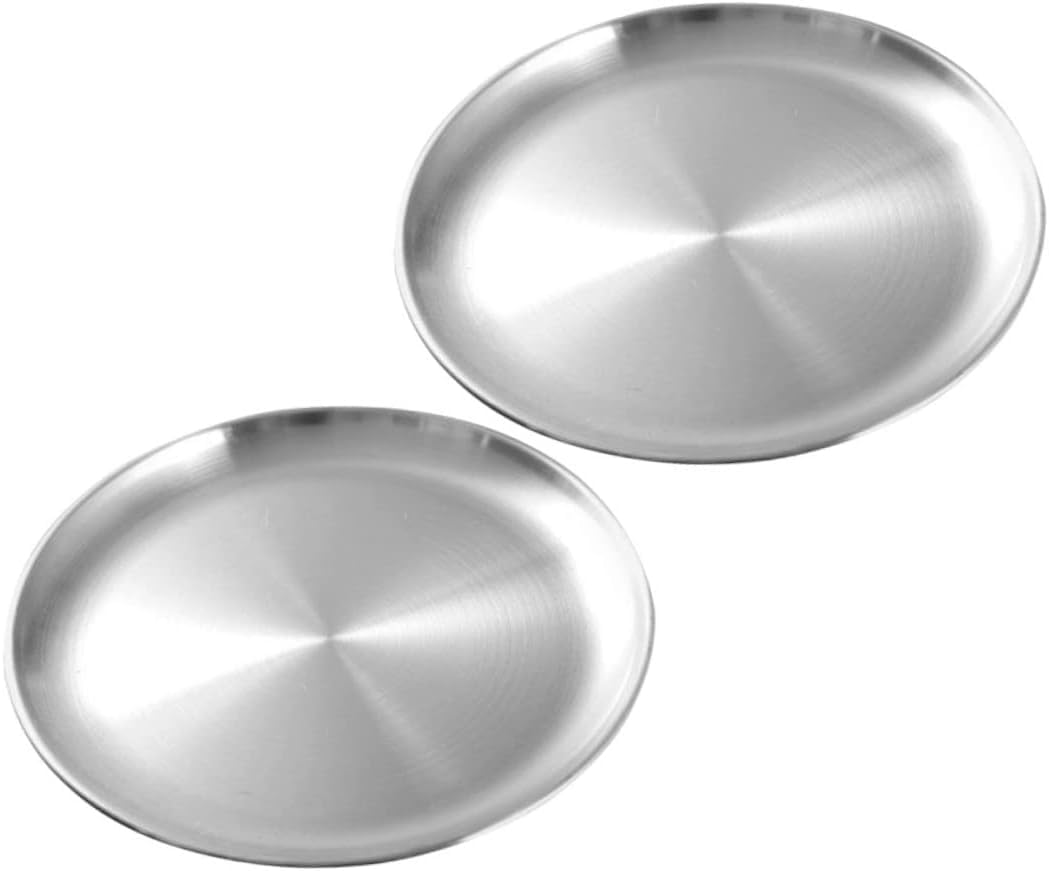 Tonsitian 2Pcs Stainless Steel Dinner Plates, 26cm Round Stainless Steel Lightweight Dishes Plates Set for BBQ Picnics Party Camping Dishwasher Safe and Healthy