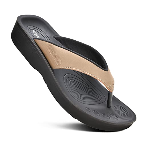 Image of AEROTHOTIC Comfy Arch Support flip flops for women Split Toe Stylish Cushioned Strap with non-slip footbed Walking Dressy Sandals Indoor and Outdoor